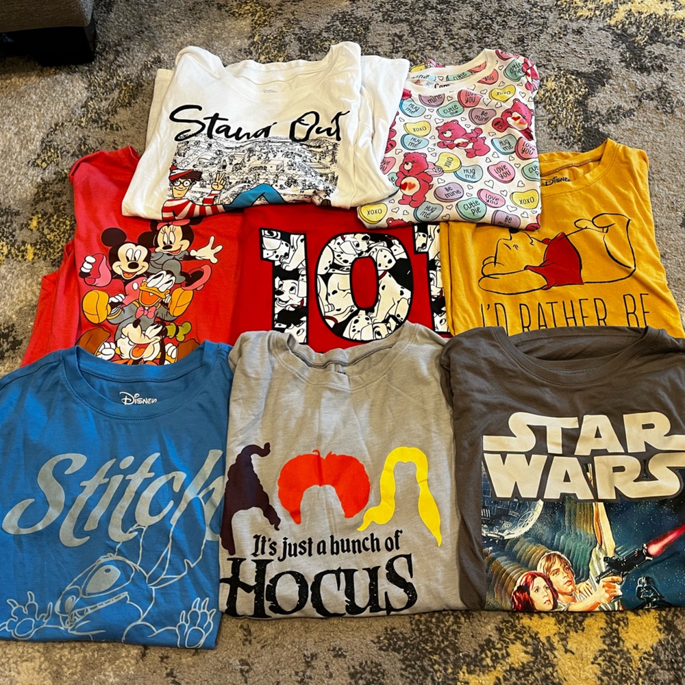 Set of 8 novelty tee shirts Disney, Star Wars, Care Bears etc